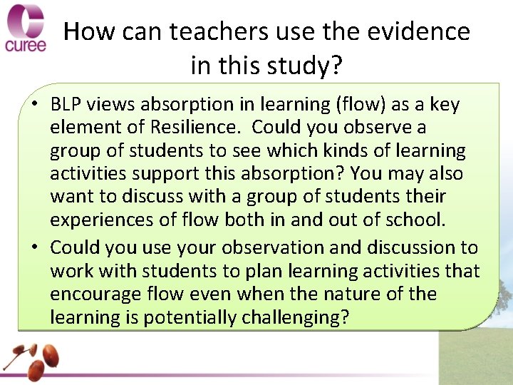 How can teachers use the evidence in this study? • BLP views absorption in