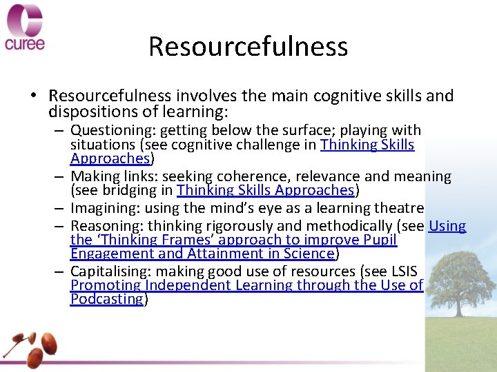 Resourcefulness • Resourcefulness involves the main cognitive skills and dispositions of learning: – Questioning: