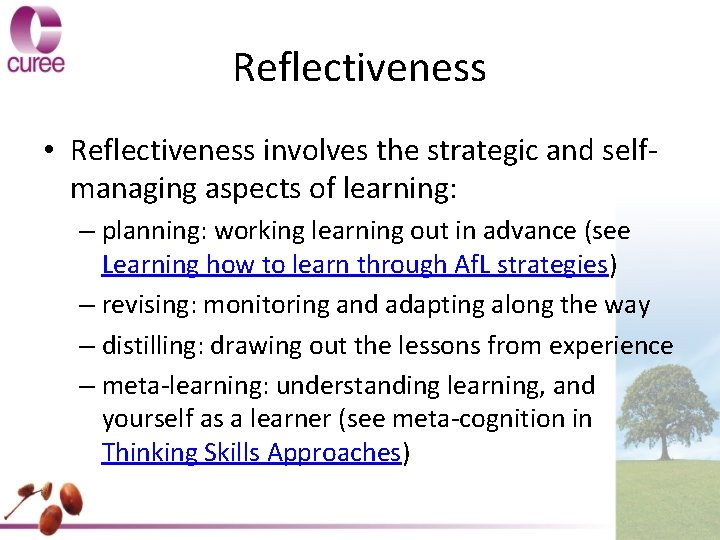 Reflectiveness • Reflectiveness involves the strategic and selfmanaging aspects of learning: – planning: working