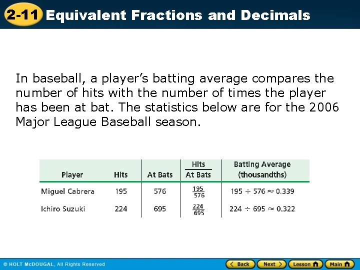 2 -11 Equivalent Fractions and Decimals In baseball, a player’s batting average compares the