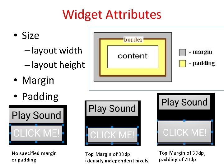 Widget Attributes • Size – layout width – layout height • Margin • Padding