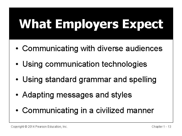 What Employers Expect • Communicating with diverse audiences • Using communication technologies • Using