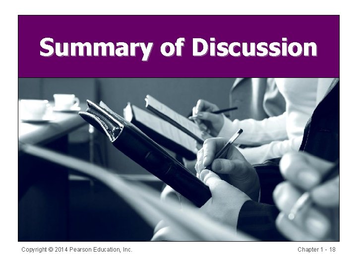 Summary of Discussion Copyright © 2014 Pearson Education, Inc. Chapter 1 - 18 
