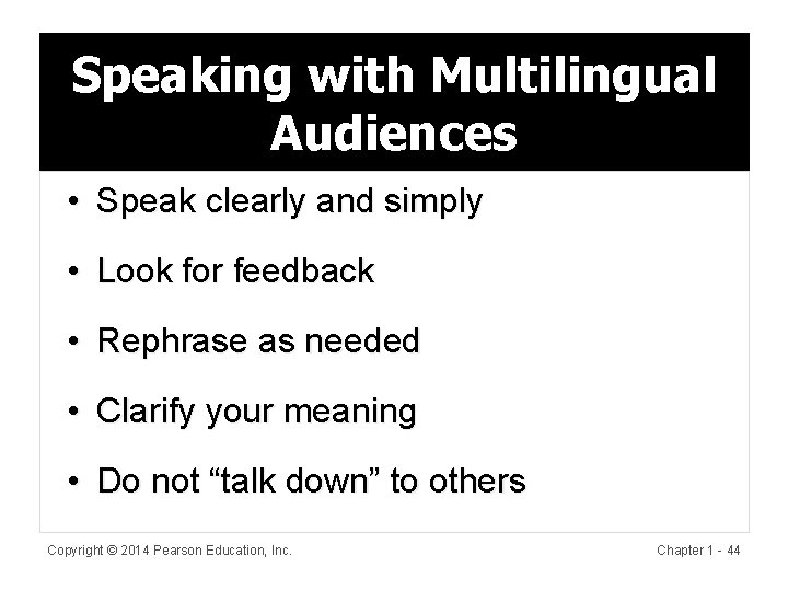 Speaking with Multilingual Audiences • Speak clearly and simply • Look for feedback •