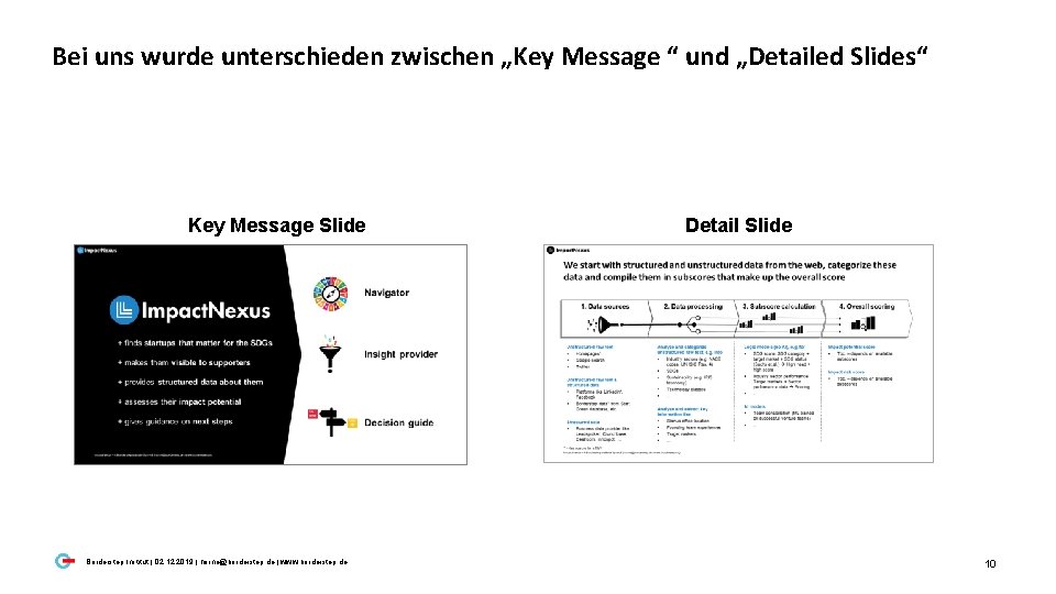 Bei uns wurde unterschieden zwischen „Key Message “ und „Detailed Slides“ Key Message Slide