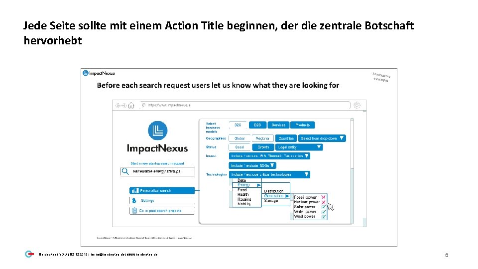 Jede Seite sollte mit einem Action Title beginnen, der die zentrale Botschaft hervorhebt Borderstep