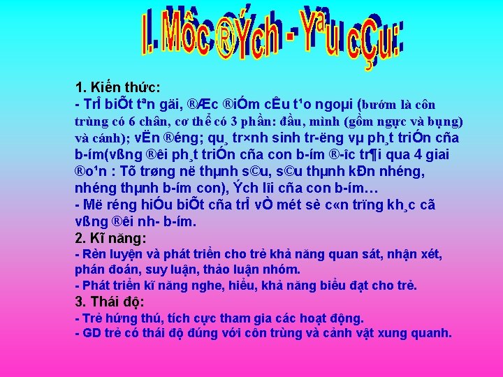  1. Kiến thức: TrÎ biÕt tªn gäi, ®Æc ®iÓm cÊu t¹o ngoµi (bướm