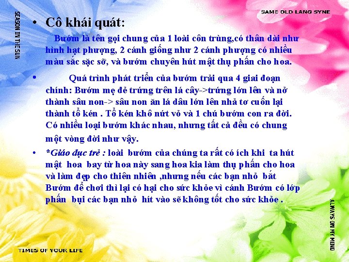  • Cô khái quát: Bướm là tên gọi chung của 1 loài côn