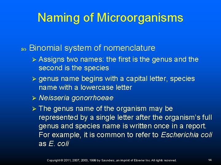 Naming of Microorganisms Binomial system of nomenclature Assigns two names: the first is the