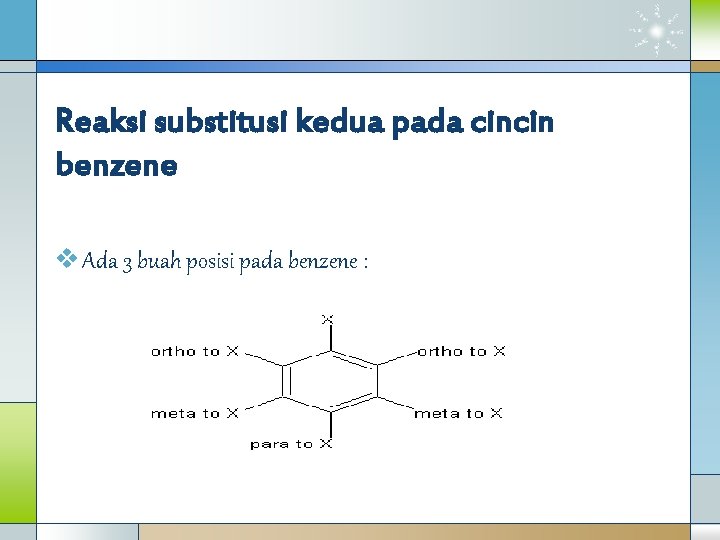 Reaksi substitusi kedua pada cincin benzene v Ada 3 buah posisi pada benzene :