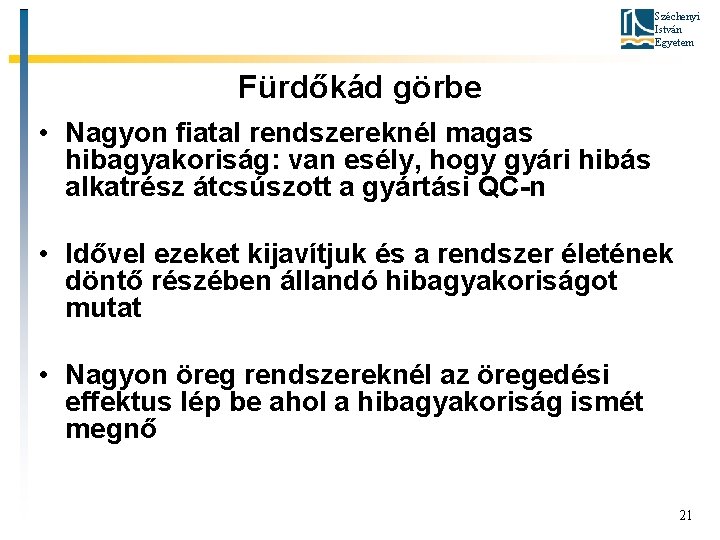 Széchenyi István Egyetem Fürdőkád görbe • Nagyon fiatal rendszereknél magas hibagyakoriság: van esély, hogy