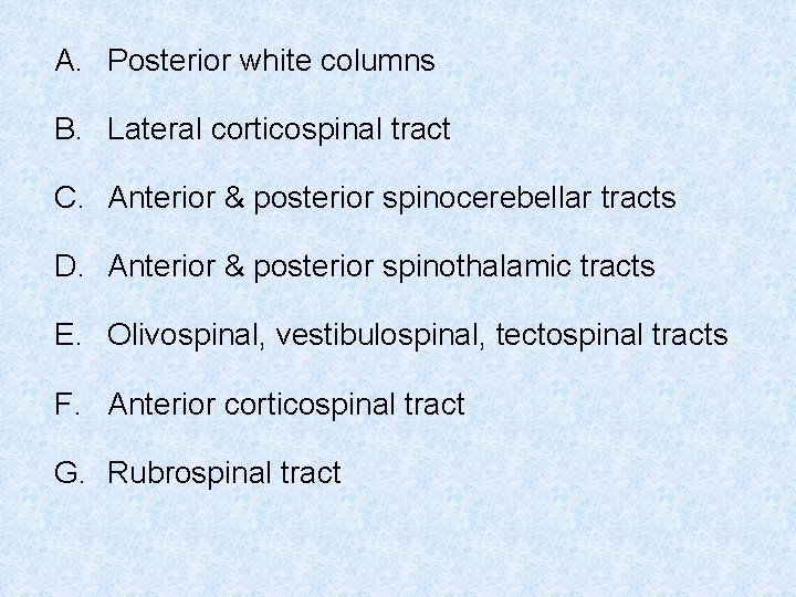 A. Posterior white columns B. Lateral corticospinal tract C. Anterior & posterior spinocerebellar tracts