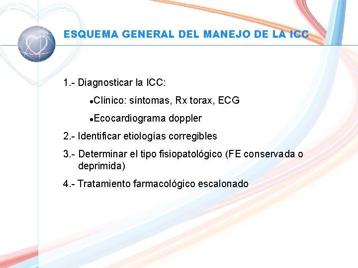 ESQUEMA GENERAL DEL MANEJO DE LA ICC 1. - Diagnosticar la ICC: l Clínico: