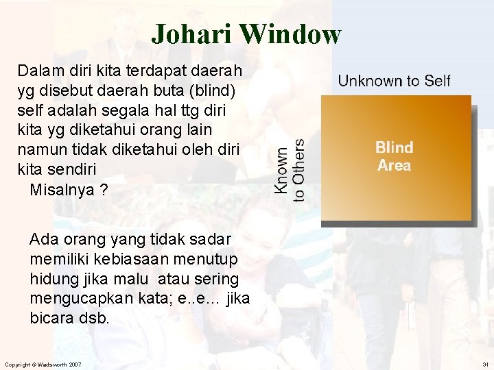 Johari Window Dalam diri kita terdapat daerah yg disebut daerah buta (blind) self adalah