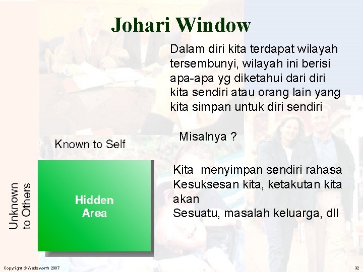 Johari Window Dalam diri kita terdapat wilayah tersembunyi, wilayah ini berisi apa-apa yg diketahui