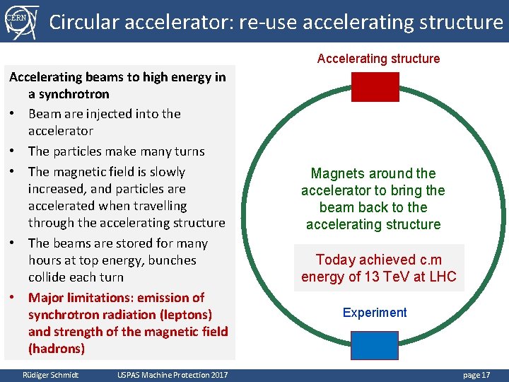 CERN Circular accelerator: re-use accelerating structure Accelerating beams to high energy in a synchrotron