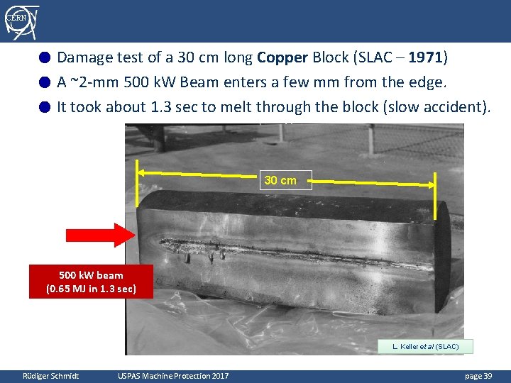 CERN Damage test of a 30 cm long Copper Block (SLAC – 1971) ●