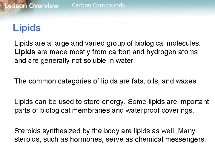 Lesson Overview Carbon Compounds Lipids are a large and varied group of biological molecules.