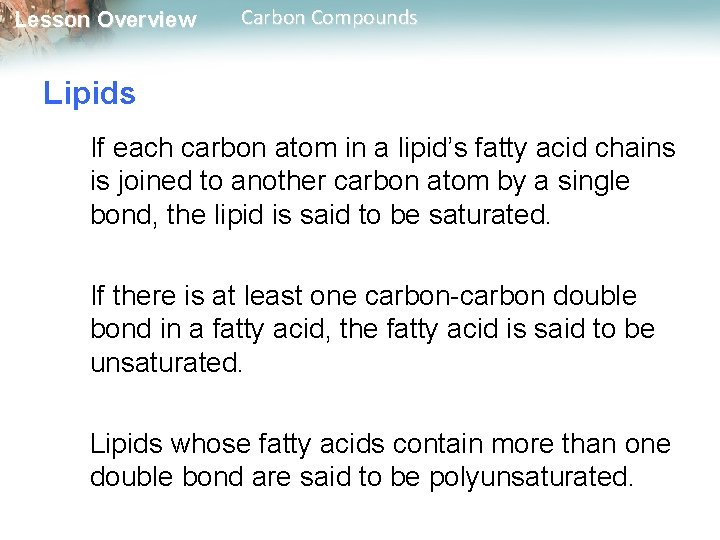 Lesson Overview Carbon Compounds Lipids If each carbon atom in a lipid’s fatty acid