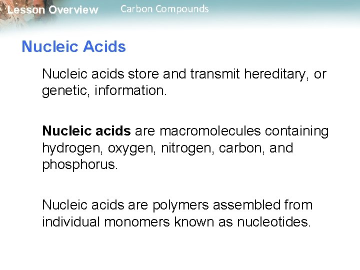 Lesson Overview Carbon Compounds Nucleic Acids Nucleic acids store and transmit hereditary, or genetic,
