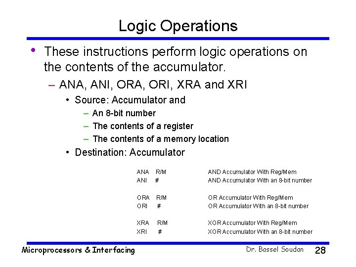 Logic Operations • These instructions perform logic operations on the contents of the accumulator.