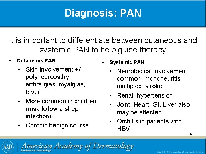 Diagnosis: PAN It is important to differentiate between cutaneous and systemic PAN to help