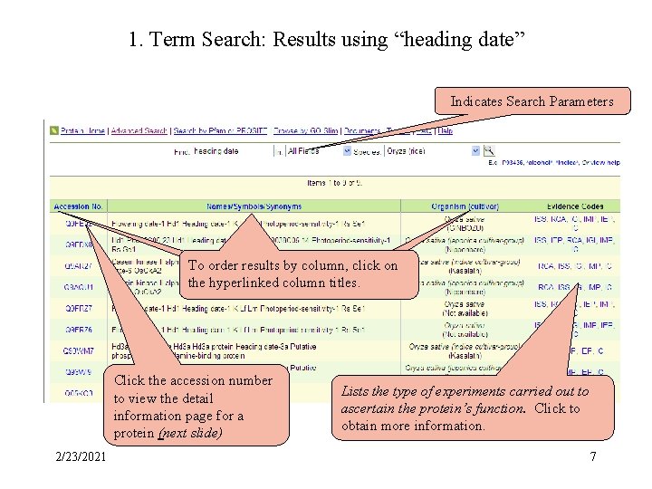 1. Term Search: Results using “heading date” Results for Search by Term or keyword