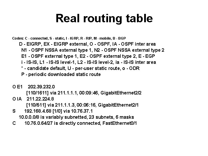 Real routing table Codes: C - connected, S - static, I - IGRP, R