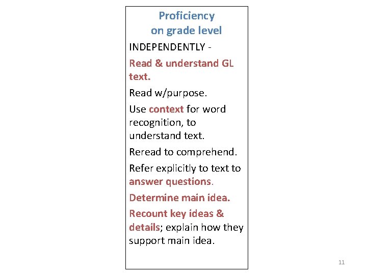 Proficiency on grade level INDEPENDENTLY Read & understand GL text. Read w/purpose. Use context