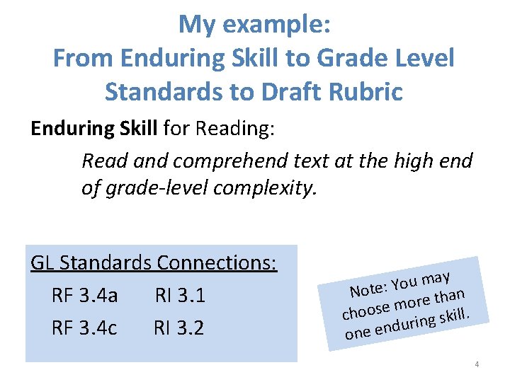 My example: From Enduring Skill to Grade Level Standards to Draft Rubric Enduring Skill