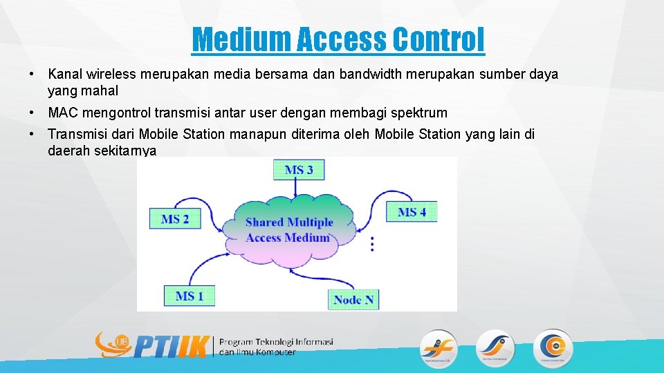 Medium Access Control • Kanal wireless merupakan media bersama dan bandwidth merupakan sumber daya