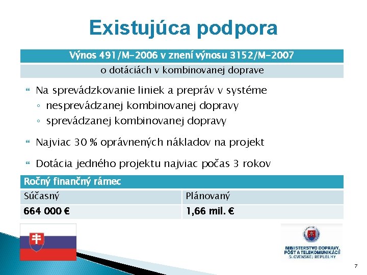 Existujúca podpora Výnos 491/M-2006 v znení výnosu 3152/M-2007 o dotáciách v kombinovanej doprave Na