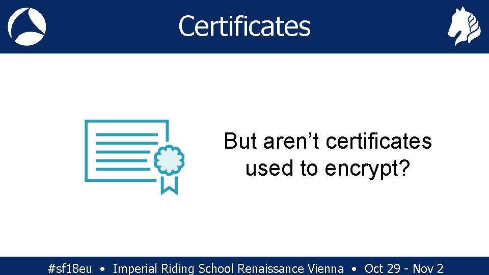 Certificates But aren’t certificates used to encrypt? #sf 18 eu • Imperial Riding School
