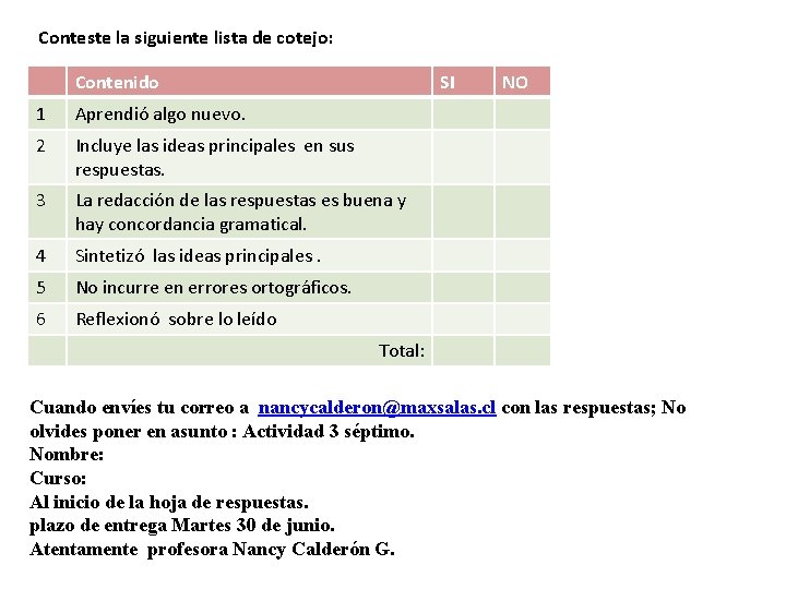 Conteste la siguiente lista de cotejo: Contenido SI 1 Aprendió algo nuevo. 2 Incluye