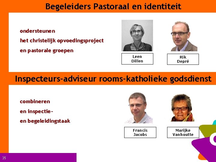 Begeleiders Pastoraal en identiteit ondersteunen het christelijk opvoedingsproject en pastorale groepen Leen Dillen Rik