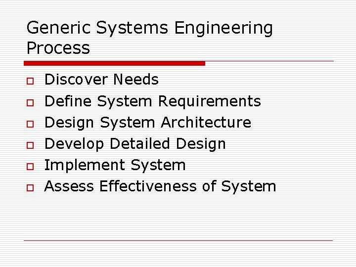 Generic Systems Engineering Process o o o Discover Needs Define System Requirements Design System