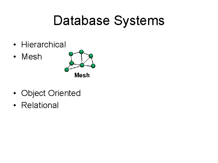 Database Systems • Hierarchical • Mesh • Object Oriented • Relational 