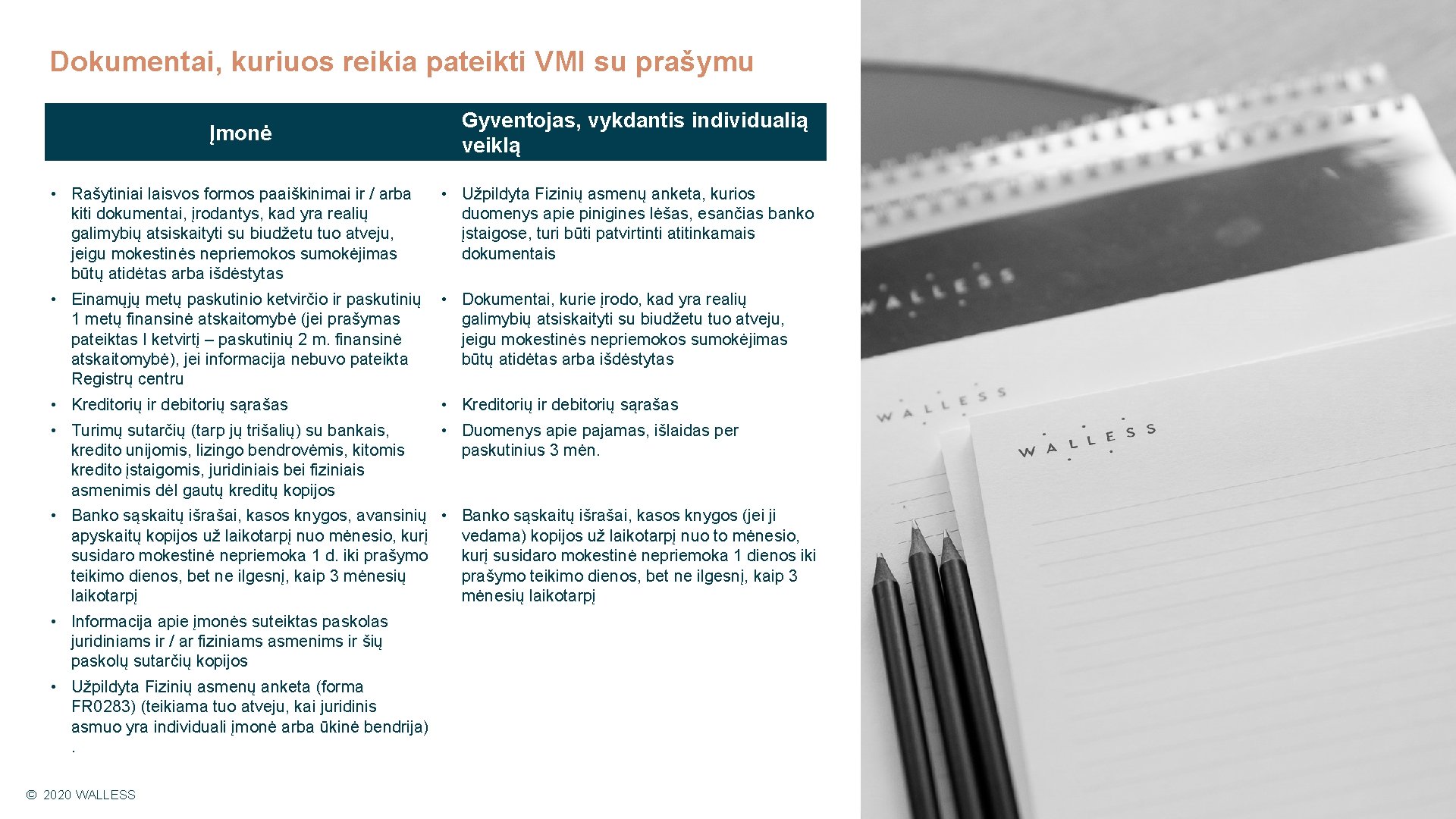 Dokumentai, kuriuos reikia pateikti VMI su prašymu Įmonė • Rašytiniai laisvos formos paaiškinimai ir