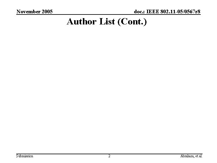 November 2005 doc. : IEEE 802. 11 -05/0567 r 8 Author List (Cont. )