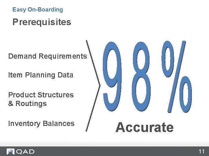 Prerequisites Easy On-Boarding Prerequisites Demand Requirements Item Planning Data Product Structures & Routings Inventory