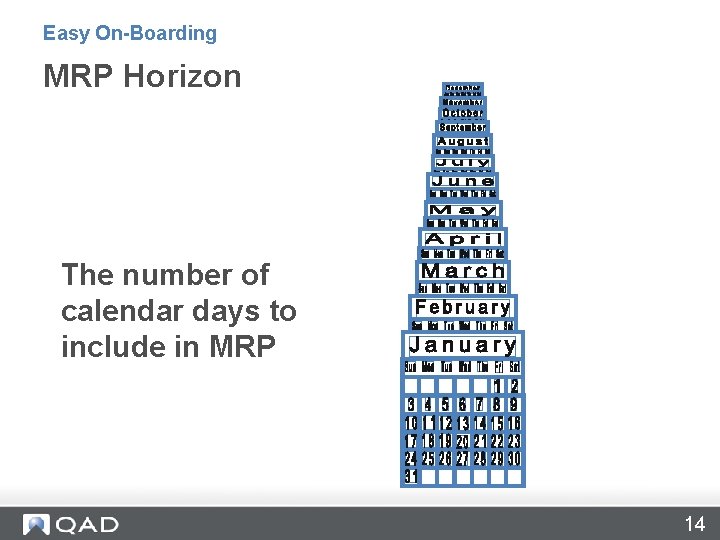 Easy On-Boarding MRP Horizon The number of calendar days to include in MRP 14