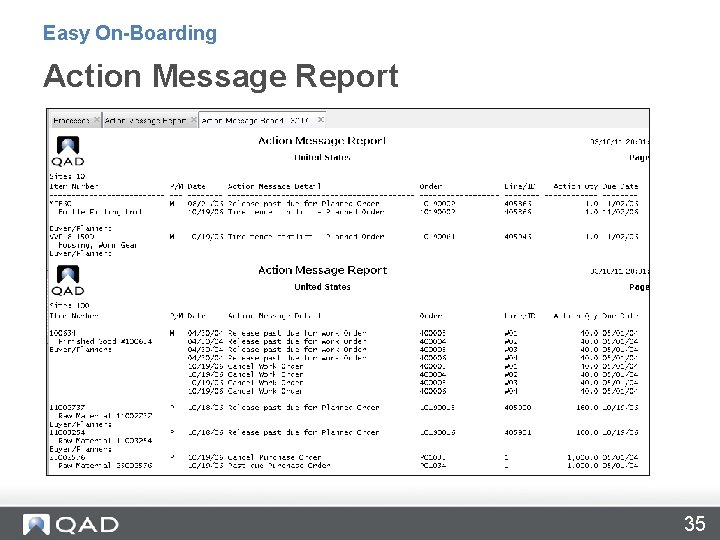 Easy On-Boarding Action Message Report 35 