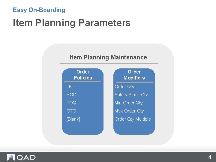 Easy On-Boarding Item Planning Parameters Item Planning Maintenance Order Policies Order Modifiers LFL Order