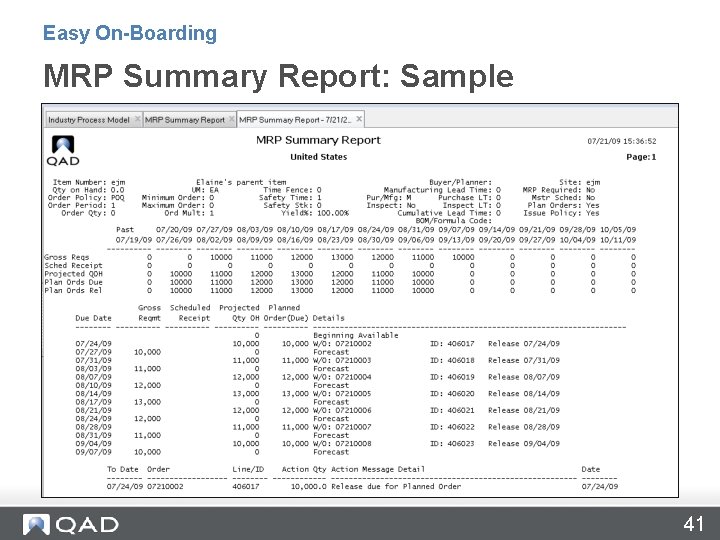 Easy On-Boarding MRP Summary Report: Sample 41 