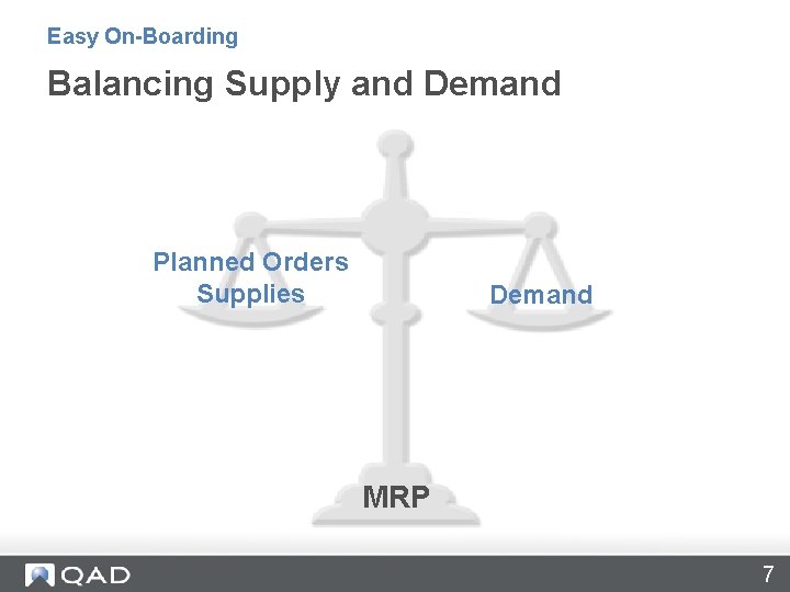 Balancing Supply and Demand Easy On-Boarding Balancing Supply and Demand Planned Orders Supplies Demand