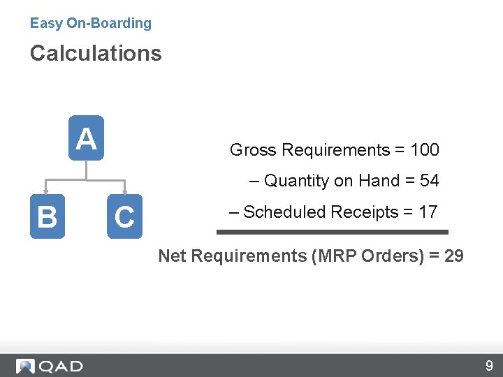 Calculations Easy On-Boarding Calculations A Gross Requirements = 100 – Quantity on Hand =