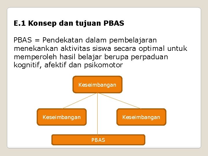E. 1 Konsep dan tujuan PBAS = Pendekatan dalam pembelajaran menekankan aktivitas siswa secara