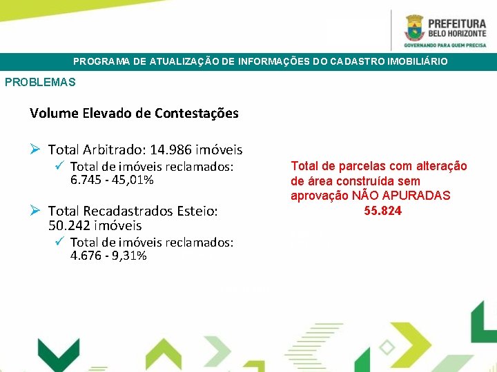 PROGRAMA DE ATUALIZAÇÃO DE INFORMAÇÕES DO CADASTRO IMOBILIÁRIO PROBLEMAS Volume Elevado de Contestações Ø