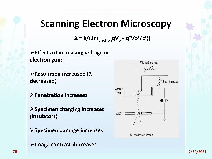 Scanning Electron Microscopy = h/(2 melectronq. Vo + q 2 Vo 2/c 2)) ØEffects