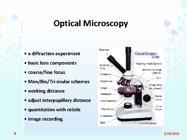 Optical Microscopy • a diffraction experiment • basic lens components • coarse/fine focus •